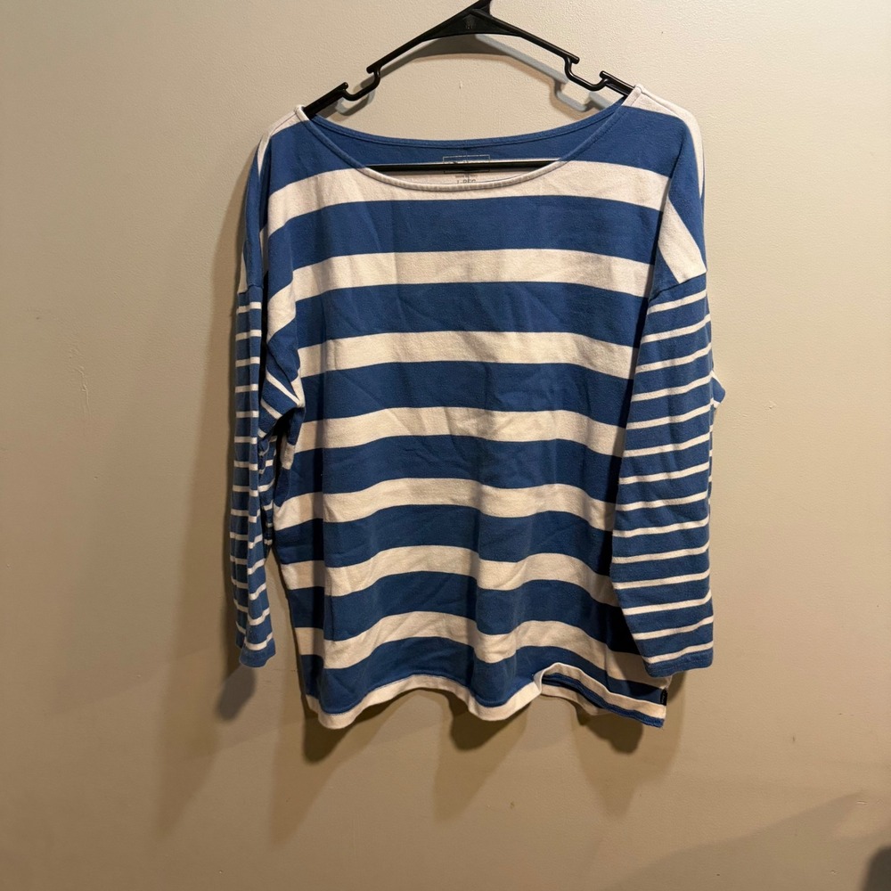 LL Bean Womens Large Blue White Striped‎ Boatneck Cotton Long Sleeve Top